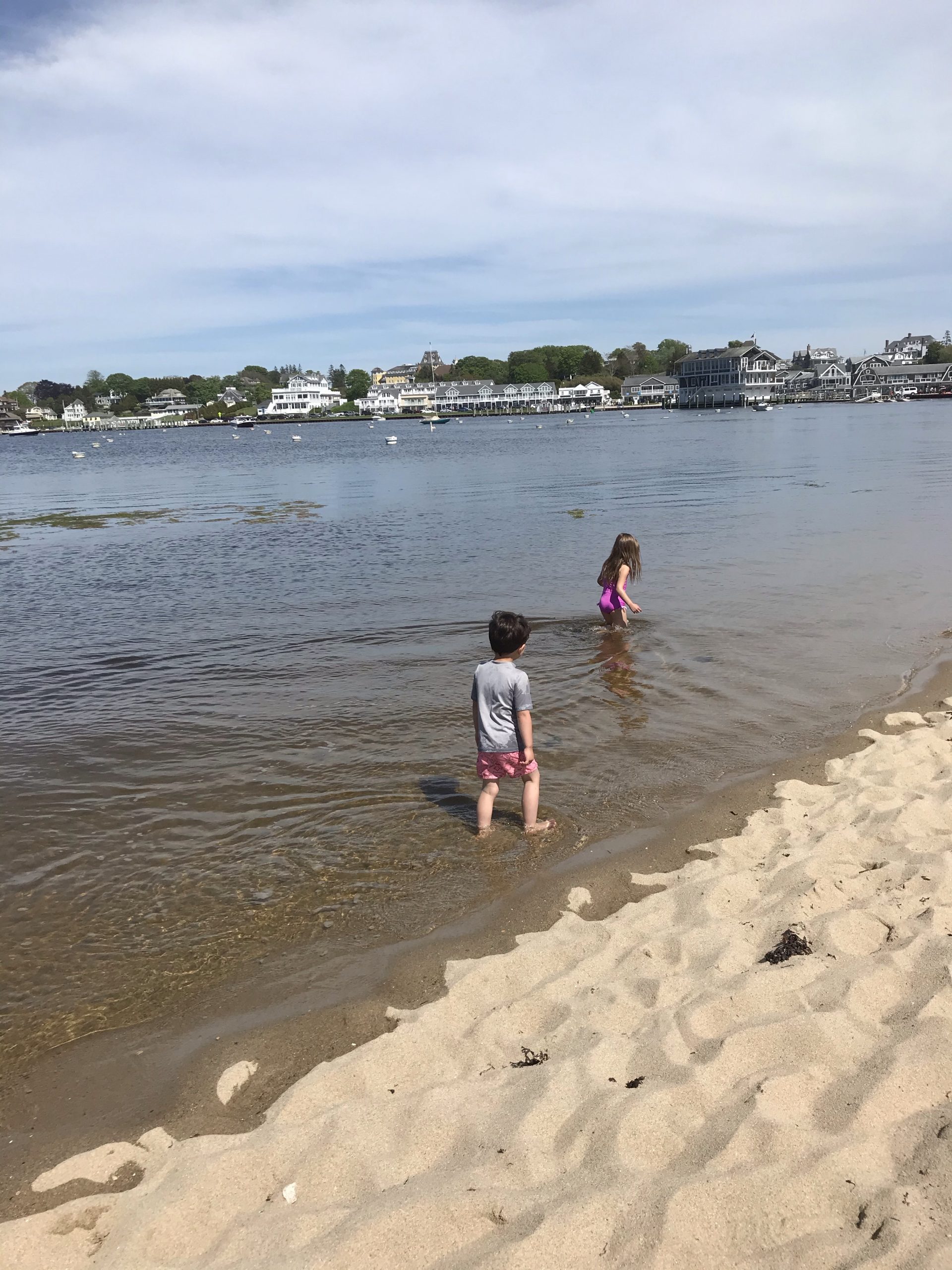 beautiful houses in the background while kids enjoy the Marina side of  Napatree Point Conservation in Watch Hill Westerly RI